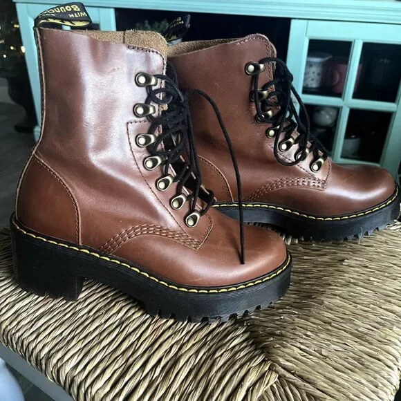 Dr. Martens Brown Leather Lace-Up Platform Boots - Picture 3 of 7